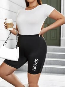 Flirla Plus Letter Graphic Cycling Shorts - Black - View 5