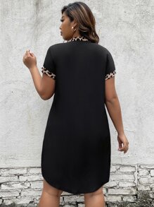 Plus Leopard Print Notched Neckline Batwing Sleeve Curved Hem Dress - Black - View 2