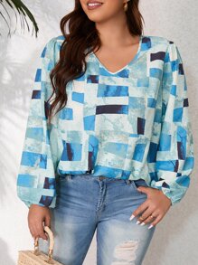 Calvaya Blusa con estampado geométrico de manga farol - Multicolor - Ver 1