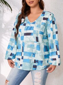 Calvaya Blusa con estampado geométrico de manga farol - Multicolor - Ver 4