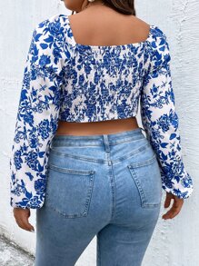 SHEIN Clasi Plus Floral Print Knot Front Crop Top - Blue and White - View 2