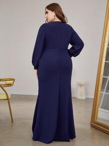Plus Surplice Neck Lantern Sleeve Ruched Mermaid Hem Bridesmaid Dress - Navy Blue - View 2