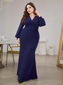 Plus Surplice Neck Lantern Sleeve Ruched Mermaid Hem Bridesmaid Dress - Navy Blue - View 3