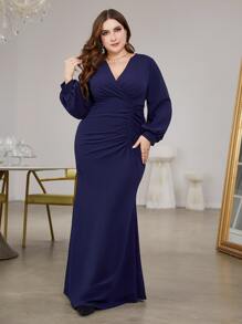 Plus Surplice Neck Lantern Sleeve Ruched Mermaid Hem Bridesmaid Dress - Navy Blue - View 4