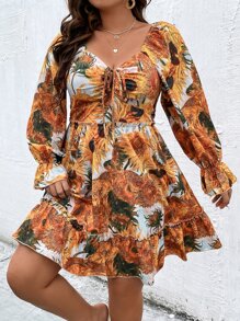SHEIN Clasi Plus Floral Print Flounce Sleeve Ruffle Hem Dress - Orange - View 6