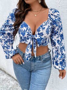 SHEIN Clasi Plus Floral Print Knot Front Crop Top - Blue and White - View 5