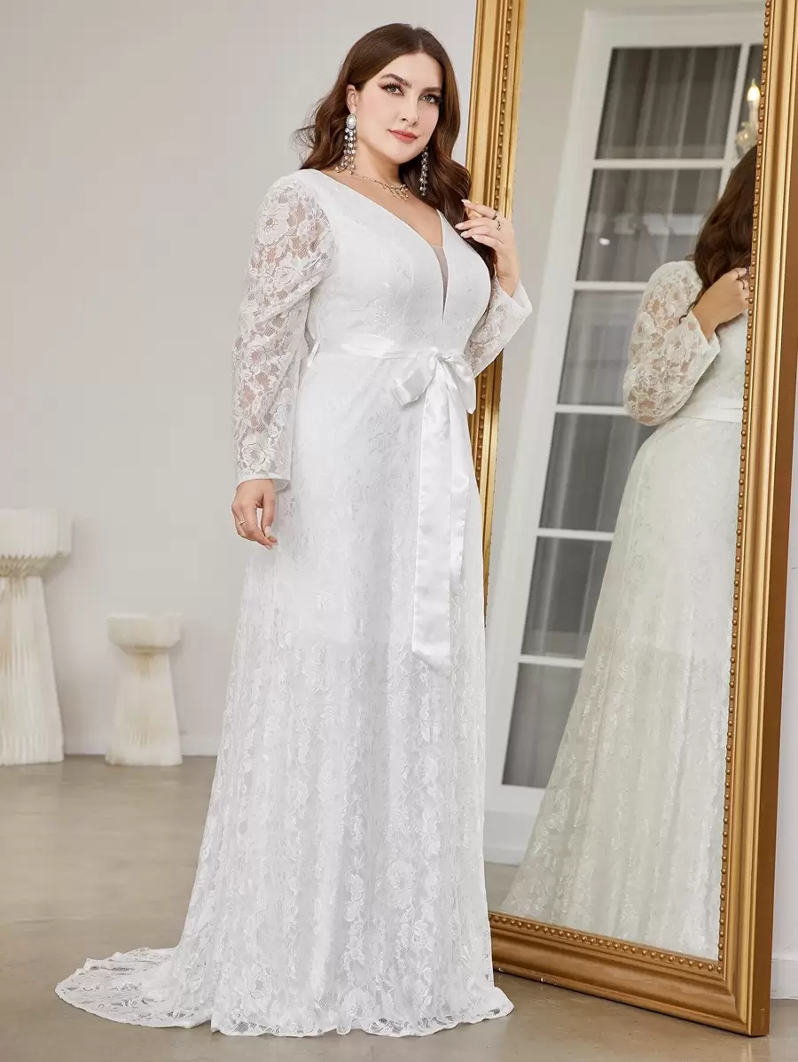 Plus Plunge Neck Belted Lace Wedding Dress - White - View 1