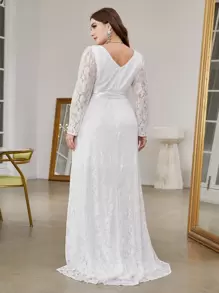 Plus Plunge Neck Belted Lace Wedding Dress - White - View 2