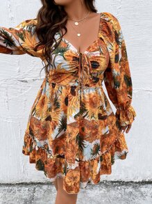 SHEIN Clasi Plus Floral Print Flounce Sleeve Ruffle Hem Dress - Orange - View 7