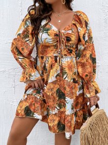 SHEIN Clasi Plus Floral Print Flounce Sleeve Ruffle Hem Dress - Orange - View 2