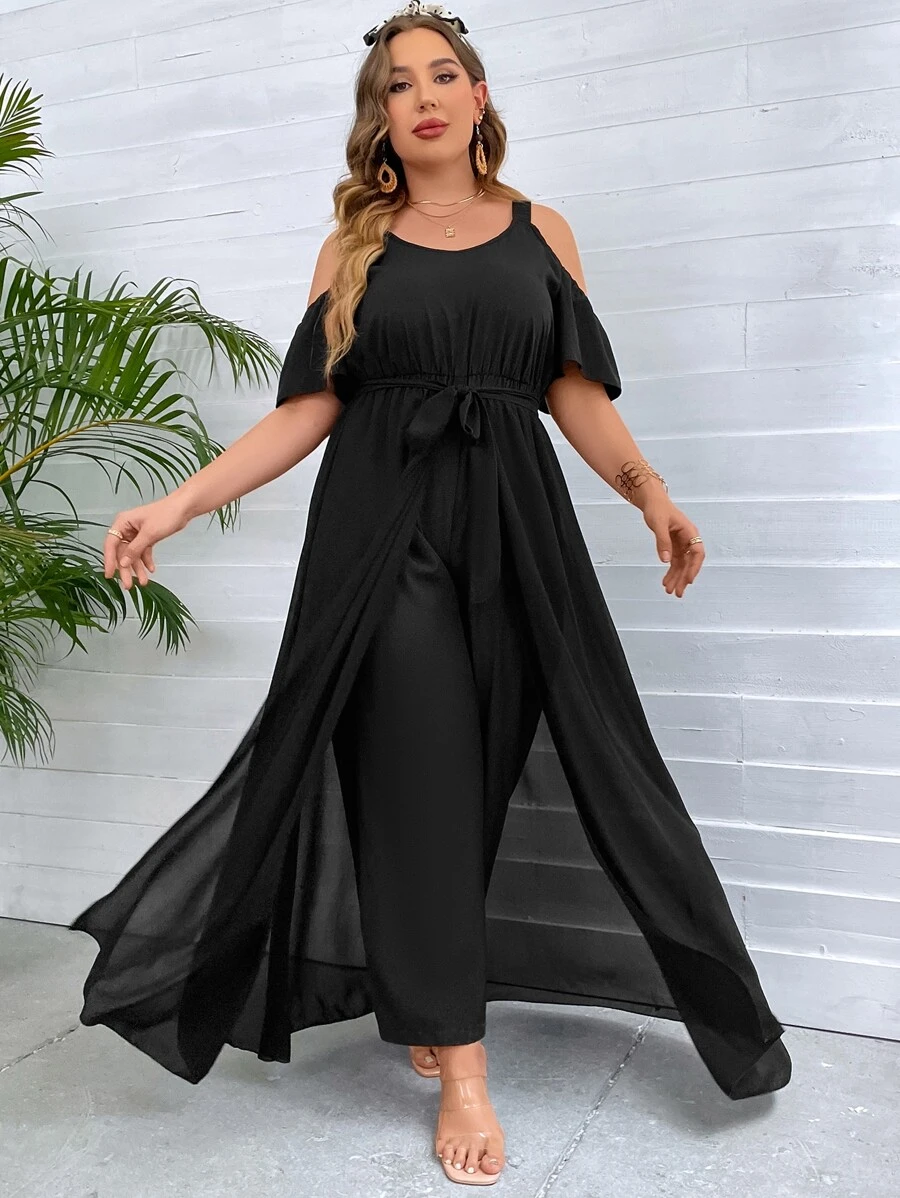 SHEIN Clasi Plus Cold Shoulder Draped Wrap Belted Jumpsuit - Black - View 1