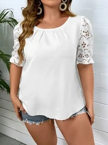 SHEIN Clasi Plus Laser Cut Puff Sleeve Blouse - White - View 1