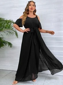 SHEIN Clasi Plus Cold Shoulder Draped Wrap Belted Jumpsuit - Black - View 4