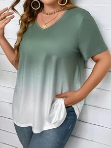 SHEIN LUNE Plus Ombre V Neck Tee Graphic Tees Women Tops - Multicolor - View 4