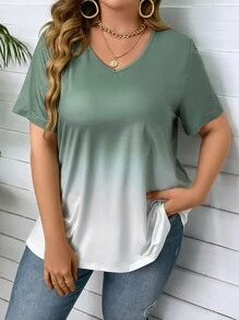 SHEIN LUNE Plus Ombre V Neck Tee Graphic Tees Women Tops - Multicolor - View 5