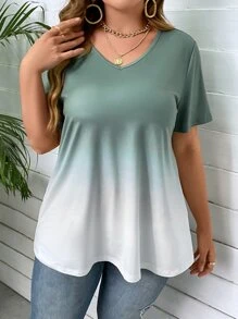 SHEIN LUNE Plus Ombre V Neck Tee Graphic Tees Women Tops - Multicolor - View 6
