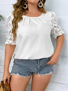 SHEIN Clasi Plus Laser Cut Puff Sleeve Blouse - White - View 6