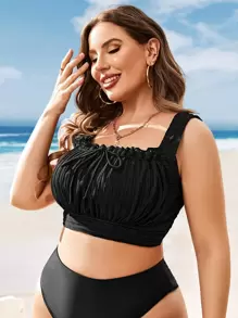 SHEIN Swim Curve Top de bikini con fruncido en el busto, volante y lazo en la parte delantera para talla grande, para verano - Negro - Ver 1