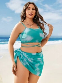 SHEIN Swim Curve Conjunto de bikini de tallas grandes de teñido anudado, top tipo camiseta con cruce de tiras en la espalda, bikini de cintura alta y falda de playa con nudos en los lados, 3 piezas, traje de baño de verano
