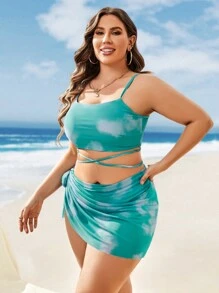 SHEIN Swim Curve Conjunto de bikini de tallas grandes de teñido anudado, top tipo camiseta con cruce de tiras en la espalda, bikini de cintura alta y falda de playa con nudos en los lados, 3 piezas, traje de baño de verano