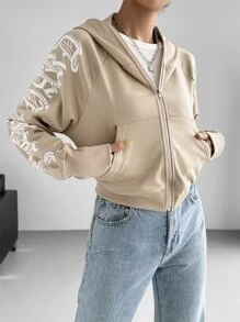 SHEIN EZwear Women's Short Fleeced Hooded Zipper Hoodie With Flame Rhinestone Decor - Khaki - View 3