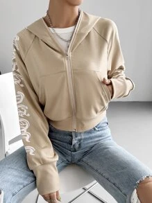 SHEIN EZwear Women's Short Fleeced Hooded Zipper Hoodie With Flame Rhinestone Decor - Khaki - View 4