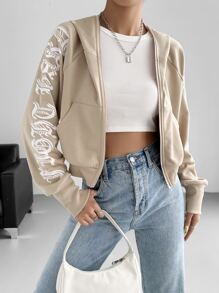 SHEIN EZwear Women's Short Fleeced Hooded Zipper Hoodie With Flame Rhinestone Decor - Khaki - View 6