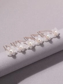 6 件新娘发饰，简约仿珍珠和小花朵设计发夹，适合盘发 - 白色 - 查看 1