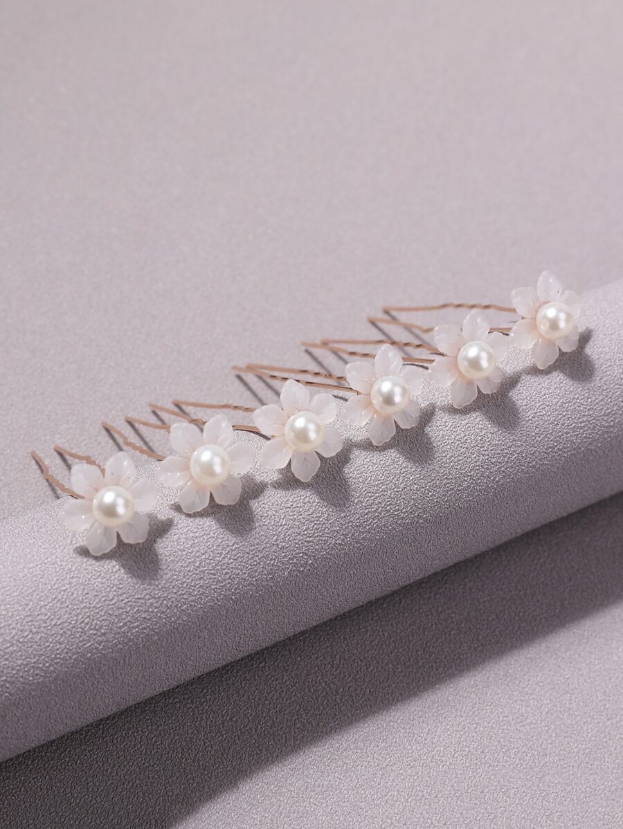 6 件新娘发饰，简约仿珍珠和小花朵设计发夹，适合盘发 - 白色 - 查看 1
