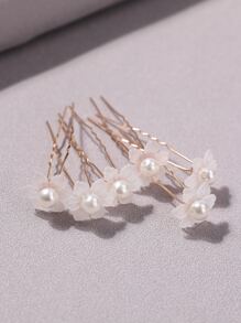 6 件新娘发饰，简约仿珍珠和小花朵设计发夹，适合盘发 - 白色 - 查看 5