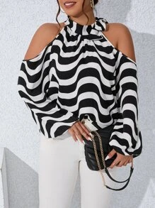Calvaya Plus Wave Striped Cold Shoulder Blouse - Black and White - View 6