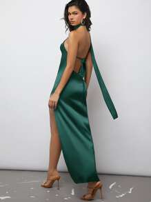 SHEIN BAE Tie Backless Split Thigh Satin Halter Dress - Dark Green - View 2