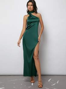 SHEIN BAE Tie Backless Split Thigh Satin Halter Dress - Dark Green - View 3