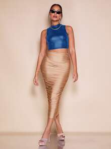 SHEIN BAE Mock Neck PU Leather Crop Tank Top - Blue - View 4