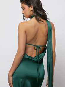 SHEIN BAE Tie Backless Split Thigh Satin Halter Dress - Dark Green - View 4