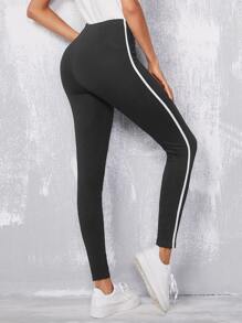 SHEIN EZwear 拼接條紋圖案緊身打底褲