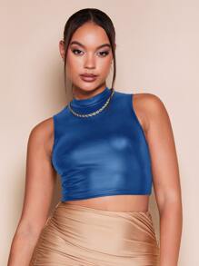 SHEIN BAE Mock Neck PU Leather Crop Tank Top - Blue - View 5
