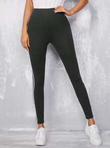 SHEIN EZwear 拼接條紋圖案緊身打底褲