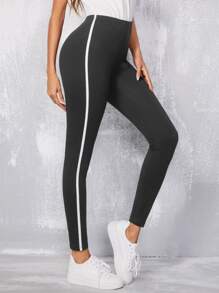 SHEIN EZwear 拼接條紋圖案緊身打底褲