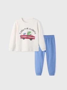 Chicos Conjunto de pijama con estampado de dibujos animados y slogan - Azul y blanco - Ver 3