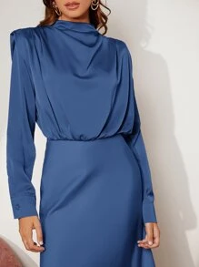 BizChic 素色墊肩緞面洋裝 - 藏蓝色 - 查看 4