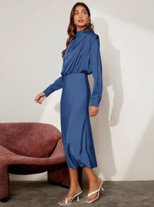 BizChic 素色墊肩緞面洋裝 - 藏蓝色 - 查看 6