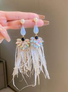 人造珍珠裝飾水鑽和羽毛圖案耳墜 - 彩色 - 查看 1