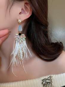 人造珍珠裝飾水鑽和羽毛圖案耳墜 - 彩色 - 查看 2