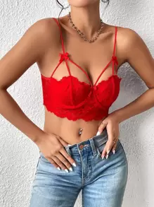 Allurite 前蝴蝶結睫毛蕾絲緊身吊帶 - 紅色 - 查看 6