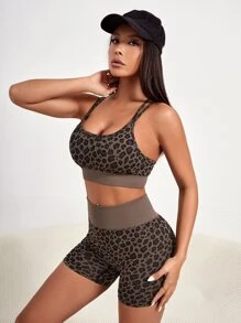 Yoga Trendy 2 Miếng Sọc In hoa Báo Yoga Điền kinh Bộ Đan chéo phía sau Bras & Scrunch Butt Thắt lưng rộng Quần short đi xe - Nhiều màu - Xem 4