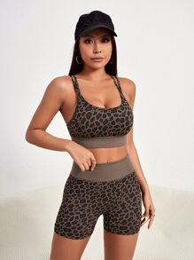 Yoga Trendy 2 Miếng Sọc In hoa Báo Yoga Điền kinh Bộ Đan chéo phía sau Bras & Scrunch Butt Thắt lưng rộng Quần short đi xe - Nhiều màu - Xem 6
