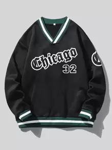 Manfinity Campus Court Aesthetic Post--Men Letter Graphic Striped Trim Sweatshirt - Black - View 1