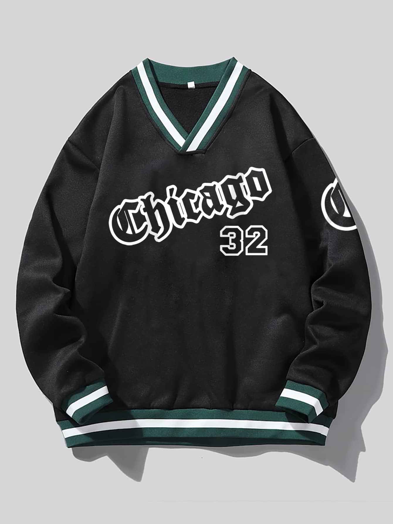 Manfinity Campus Court Aesthetic Post--Men Letter Graphic Striped Trim Sweatshirt - Black - View 1