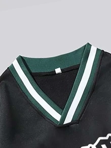 Manfinity Campus Court Aesthetic Post--Men Letter Graphic Striped Trim Sweatshirt - Black - View 3